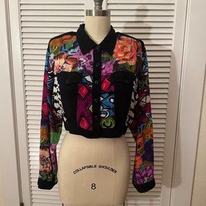VINTAGE 1990s SHORT CUTS PATCHWORK RAYON CROPPED JACKET. SIZE LARGE.